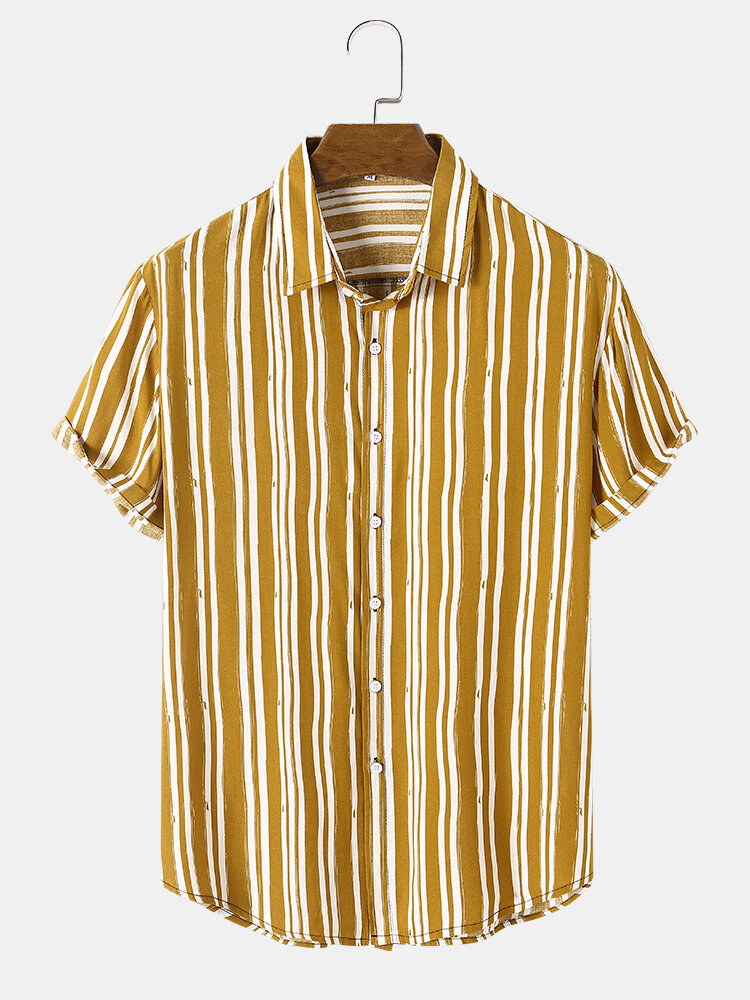 Mens Vertical Stripe Printed Button Up Casual Short Sleeve Shirts