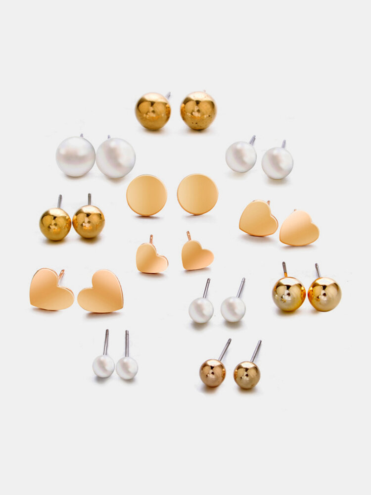 Trendy Metal Geometric Pearl Stud Earring Set Peach Heart Dot Earrings Elegant Jewelry