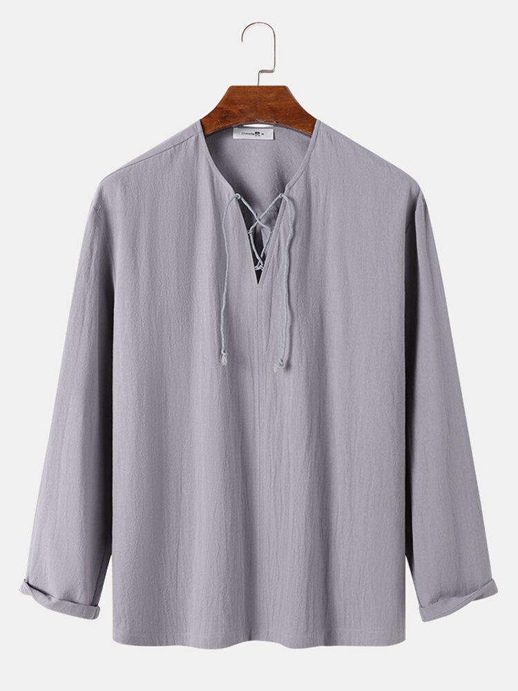 

Mens Solid Color Bandage V-Neck Cotton Long Sleeve T-Shirts, Gray