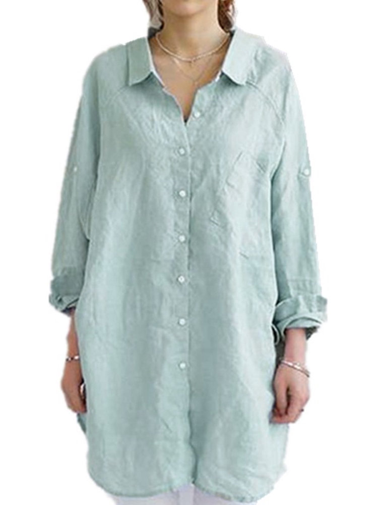 Casual Women Solid Pocket Button Turn-Down Collar Shirt