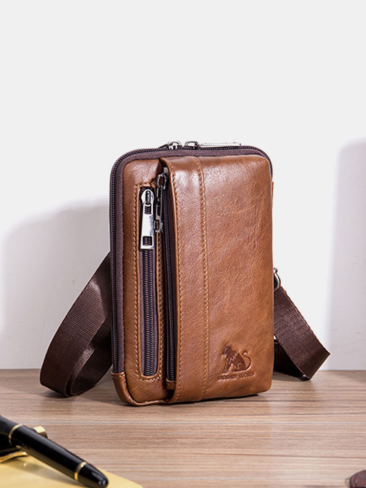 Men Genuine Leather Solid Waist Bag Shoulder Phone Bag Crossbody Bag