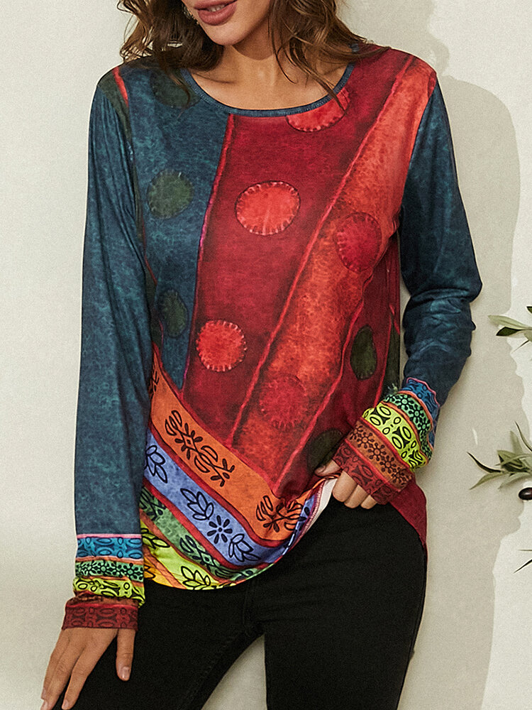 Ethnic Print O-neck Long Sleeve Casual T-shirt for Women