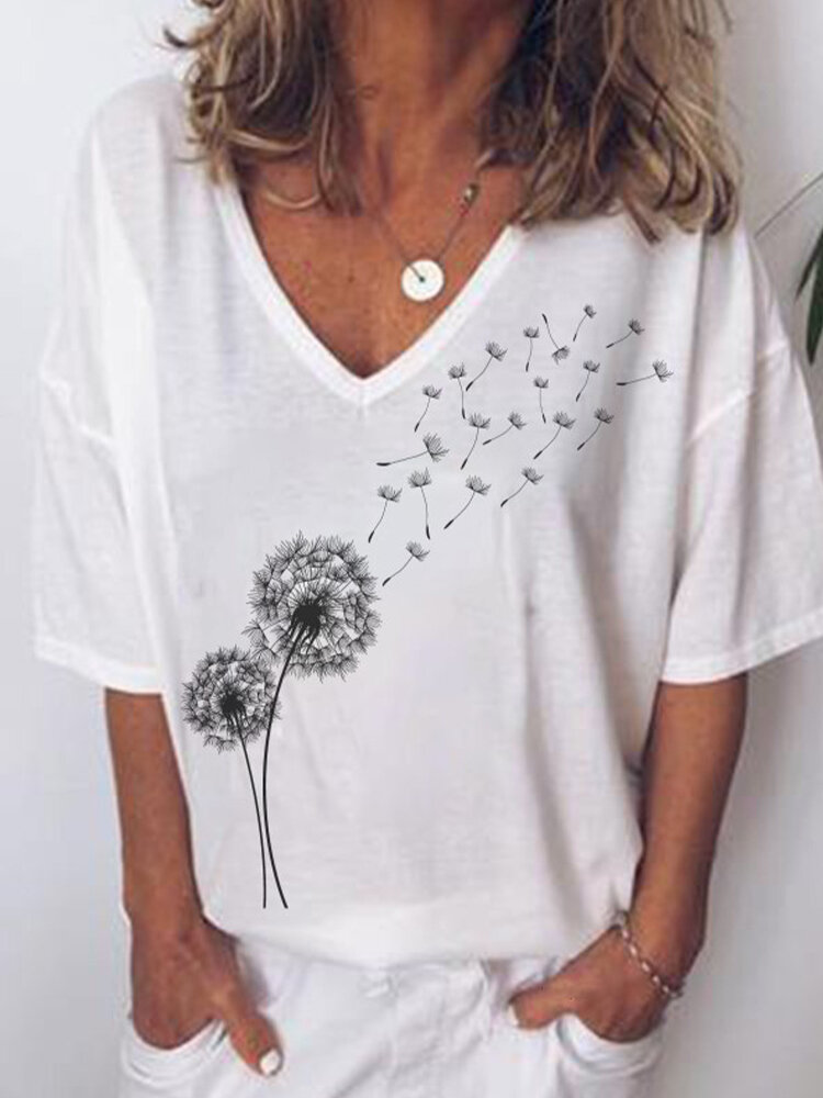 Short Sleeve V-neck Flower Print Short Sleeve T-shirt For Women
