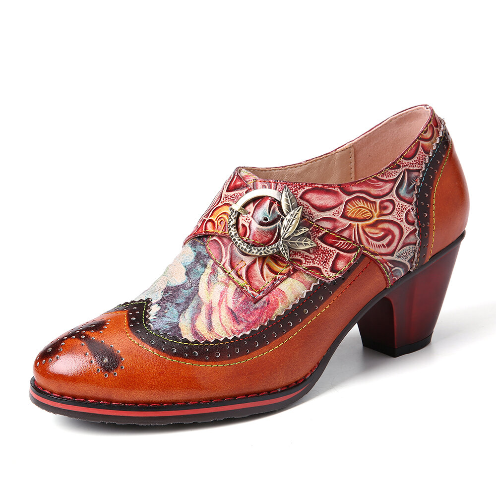 SOCOFY Retro Printing Chromatic Rose Genuine Leather Metal Leaves Buckle Strap Pumps