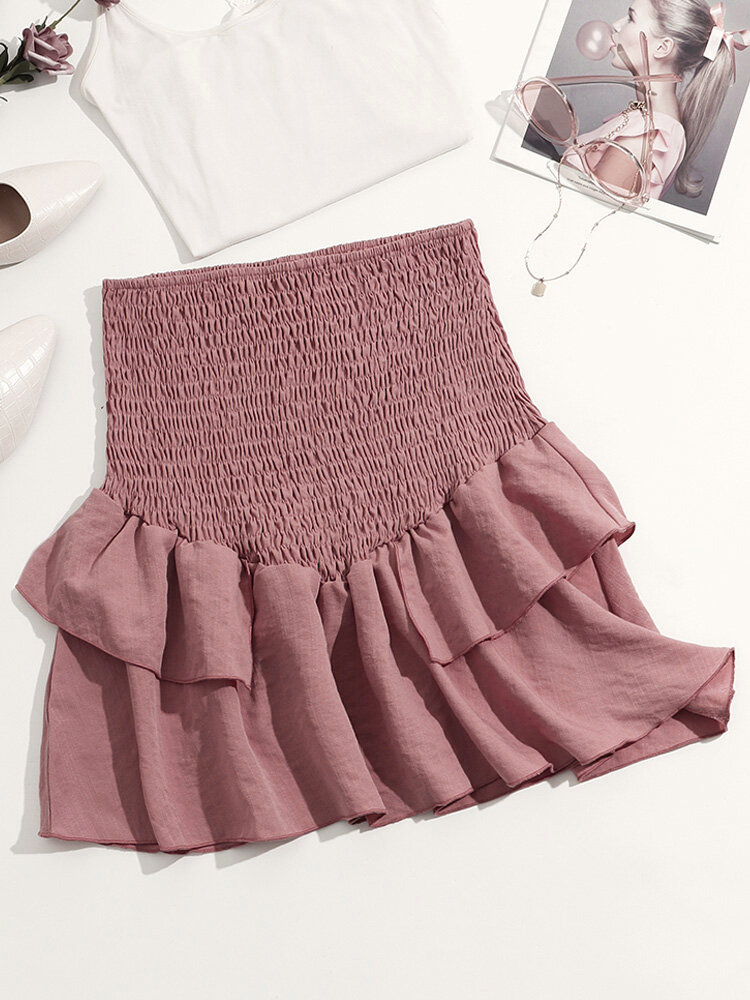 Ruffle Solid Shirred Elastic Waist Skirt For Women