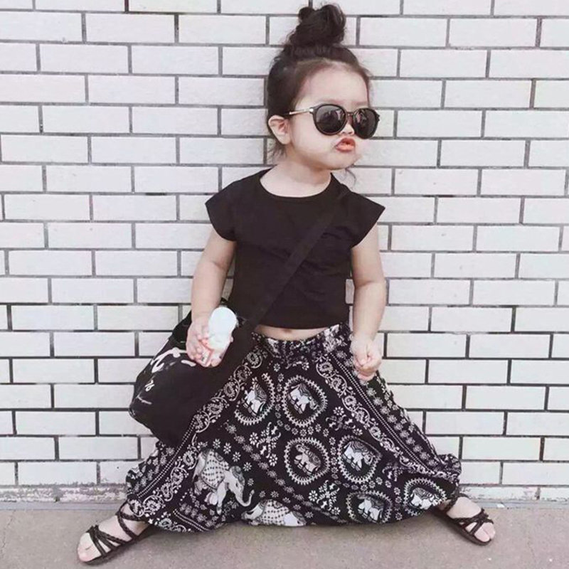 

2pcs Bohemian Style Printed Girls Clothing Set Tops + Pants For 1Y-7Y, Black