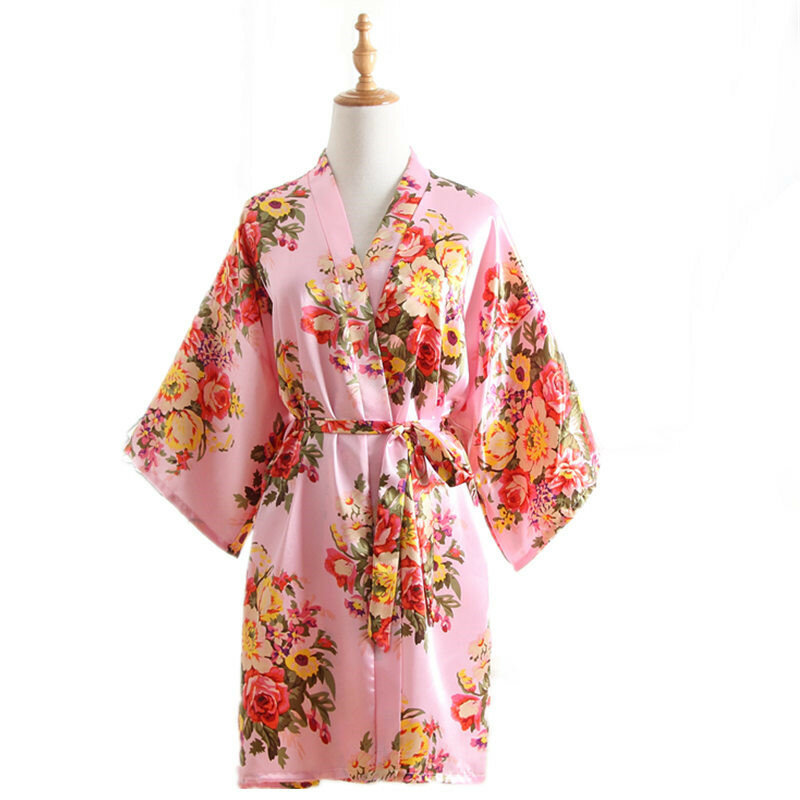 

7 Colors Silk Cherry Blossom Pattern Short Kimono Gown Summer Nightgown Bathrobe, Lake blue;lightblue;black;rose red;navy blue