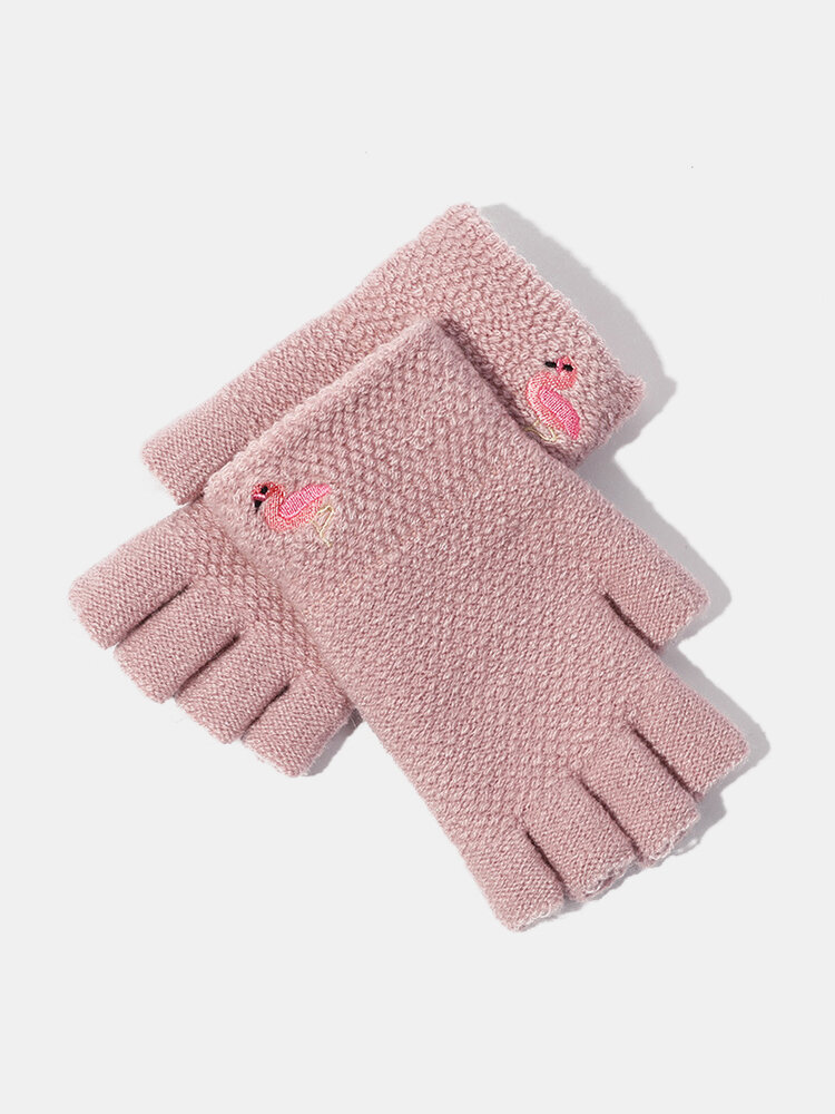 Women Winter Warm Wool Knit Cute Half-finger Gloves Plus Velvet Finger Touch Screen Gloves