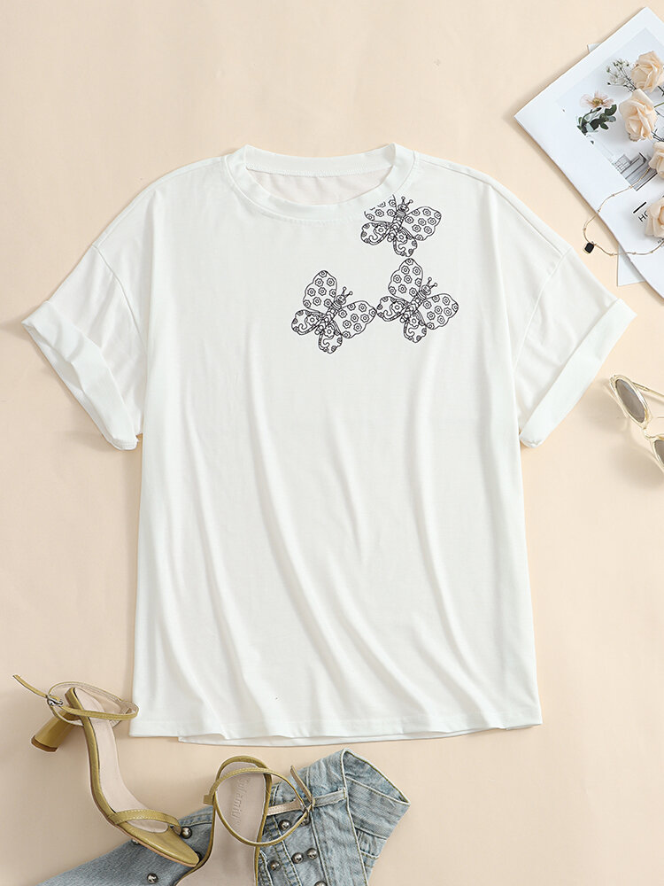 Butterfly Graphic Print Crew Neck Short Sleeve Casual T-shirt