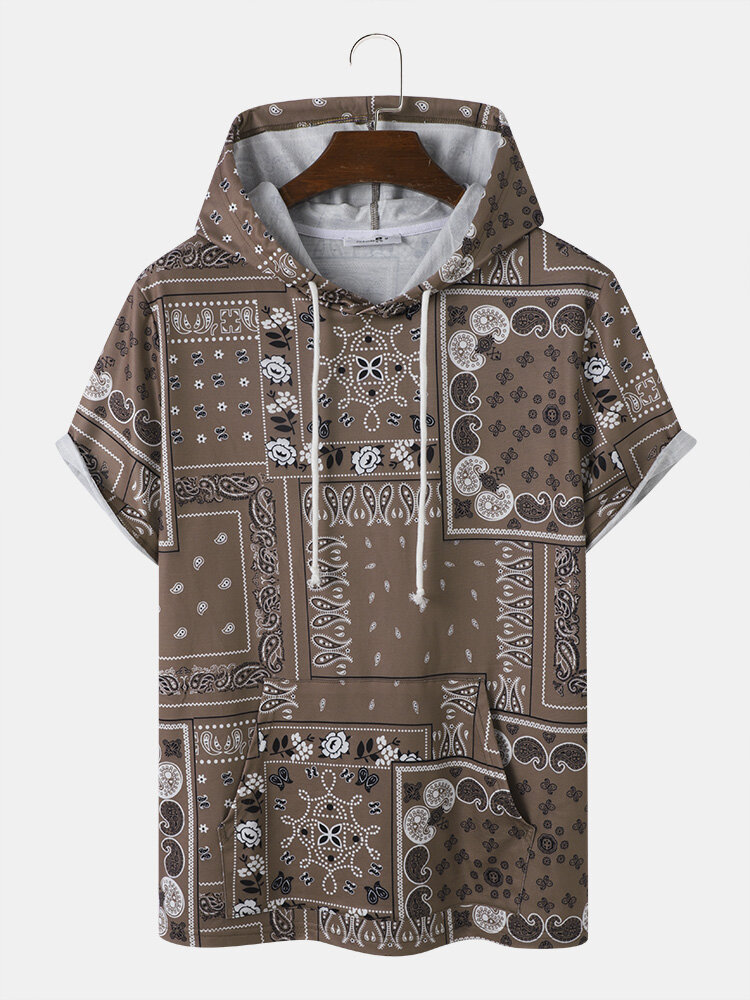 Mens Paisley Scarf Print Ethnic Short Sleeve Hooded T-Shirts With Pocket