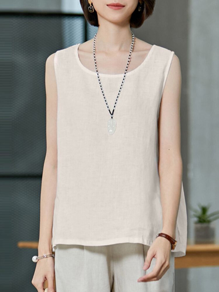 Solid Round Neck Sleeveless Casual Cotton Women Tank Top