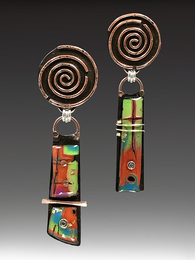 Vintage Spiral Women Earrings Bronze Plated Colored Glass Pendant Earrings