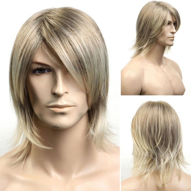 

Synthetic Wigs Men's Oblique Bangs Medium Length Artificial Hair Headgear Male Straight Wigs