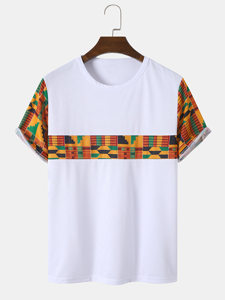 T-shirt da uomo a maniche corte con patchwork con stampa geometrica etnica