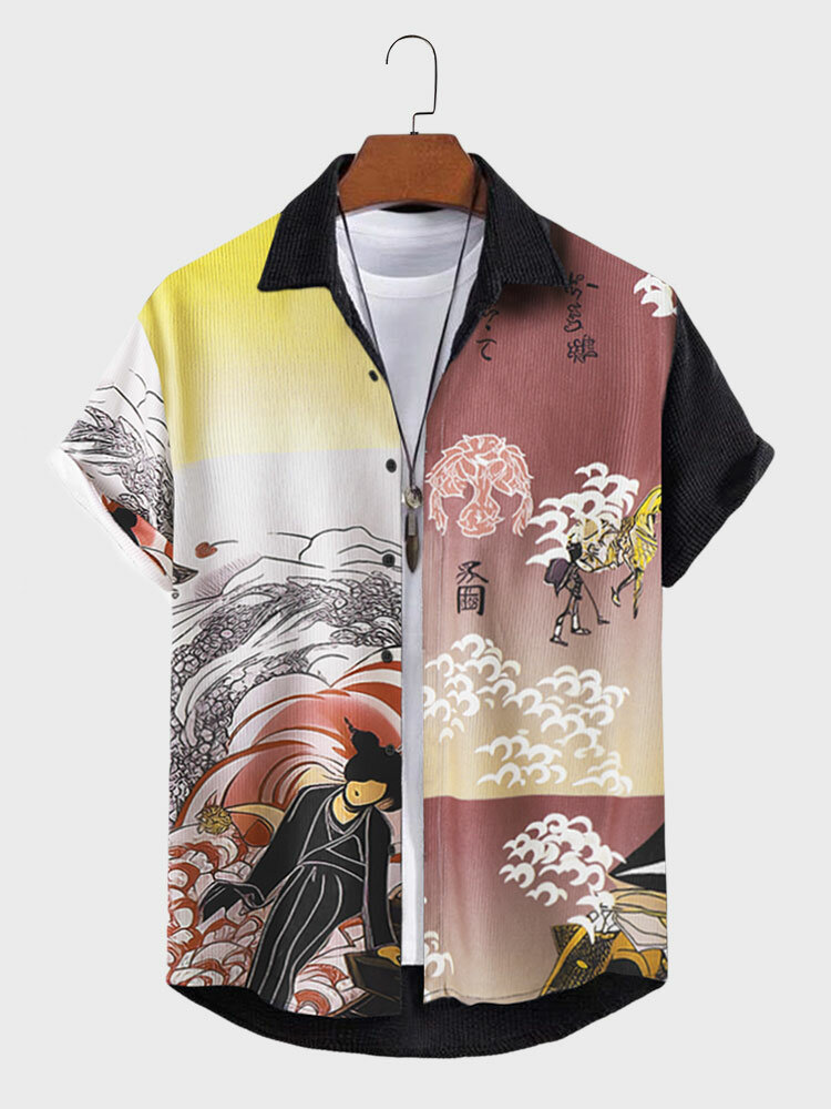 メンズ日本の人物風景浮世絵プリントコーデュロイ半袖シャツ