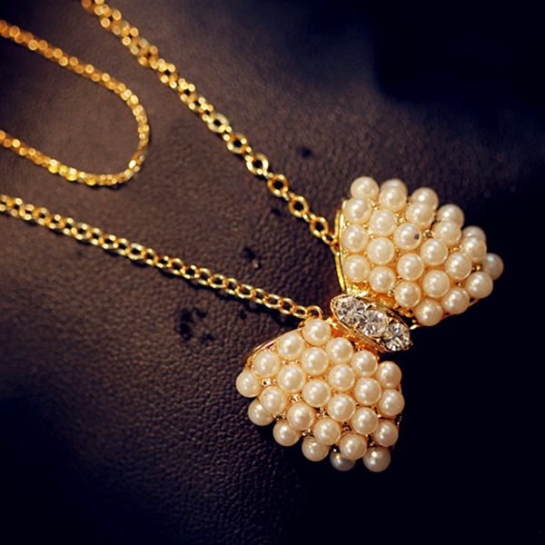 Sweet Pendant Necklace Gold Chain Imitation Pearls Bowknot Charm Necklace Fashion Jewelry for Women