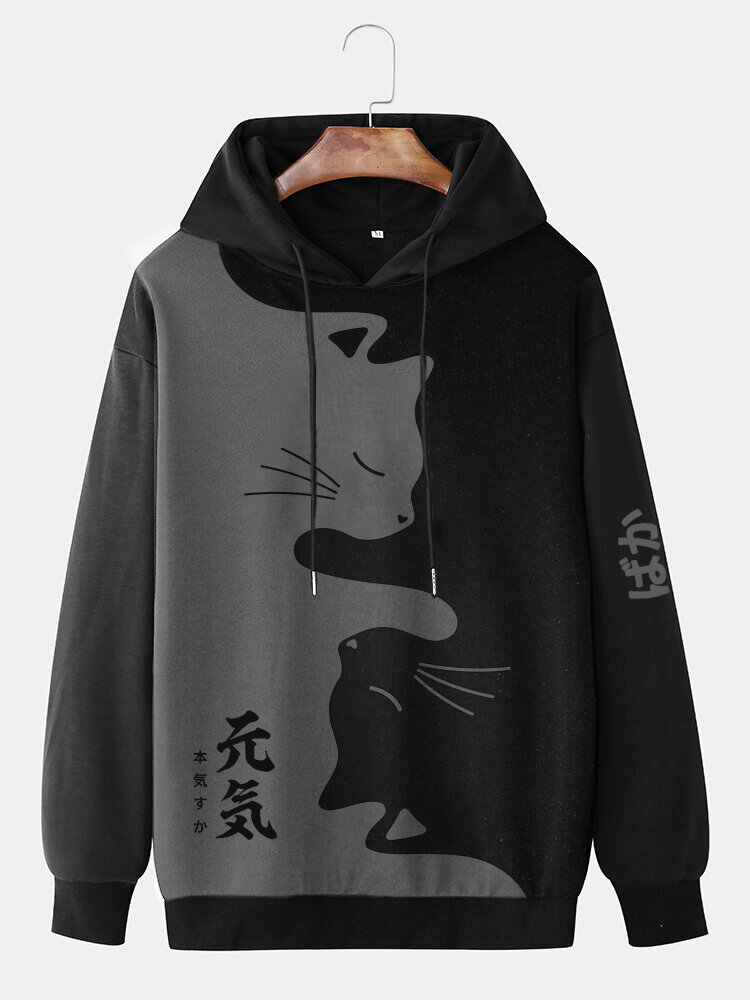 Mens Contrast Japanese Cat Print Long Sleeve Drawstring Hoodies Winter