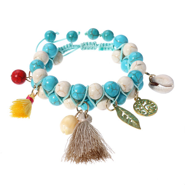 Bohemian Natural Turquoise Beads Bracelets Shell Leaf Tree of Life Charms Beaded Tassel Bracelets