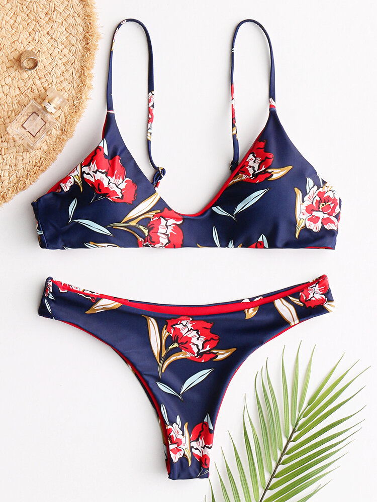 Women Bikini Floral High Cut Triangle Backless Swimwear
