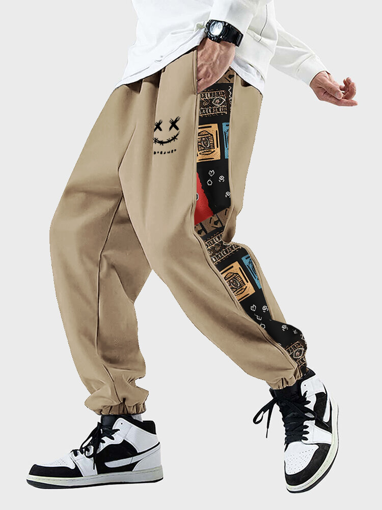 Pantalon ample à motif ethnique pour hommes, patchwork, cordon de serrage, taille