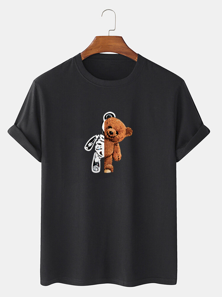 Mens Cartoon Skeleton Bear Graphic Cotton Short Sleeve T-Shirts