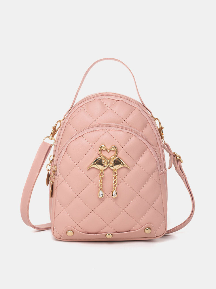 Women Faux Leather Metal Tassel Lozenge Mini Backpack Fashion Large Capacity Travel Bag