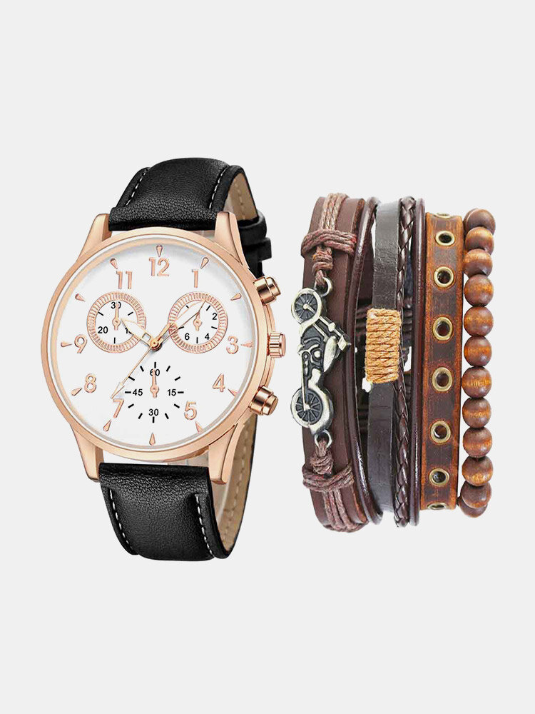 5 Pcs/Set PU Alloy Men Business Casual Watch Decorated Pointer Quartz Watch Bracelets