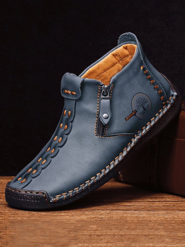 Men Hand Stitching Leather Non Slip Side Zipper Casual Boots
