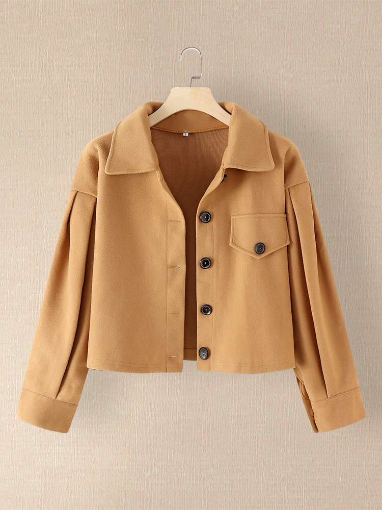 Solid Button Lapel Long Sleeve Crop Jacket For Women