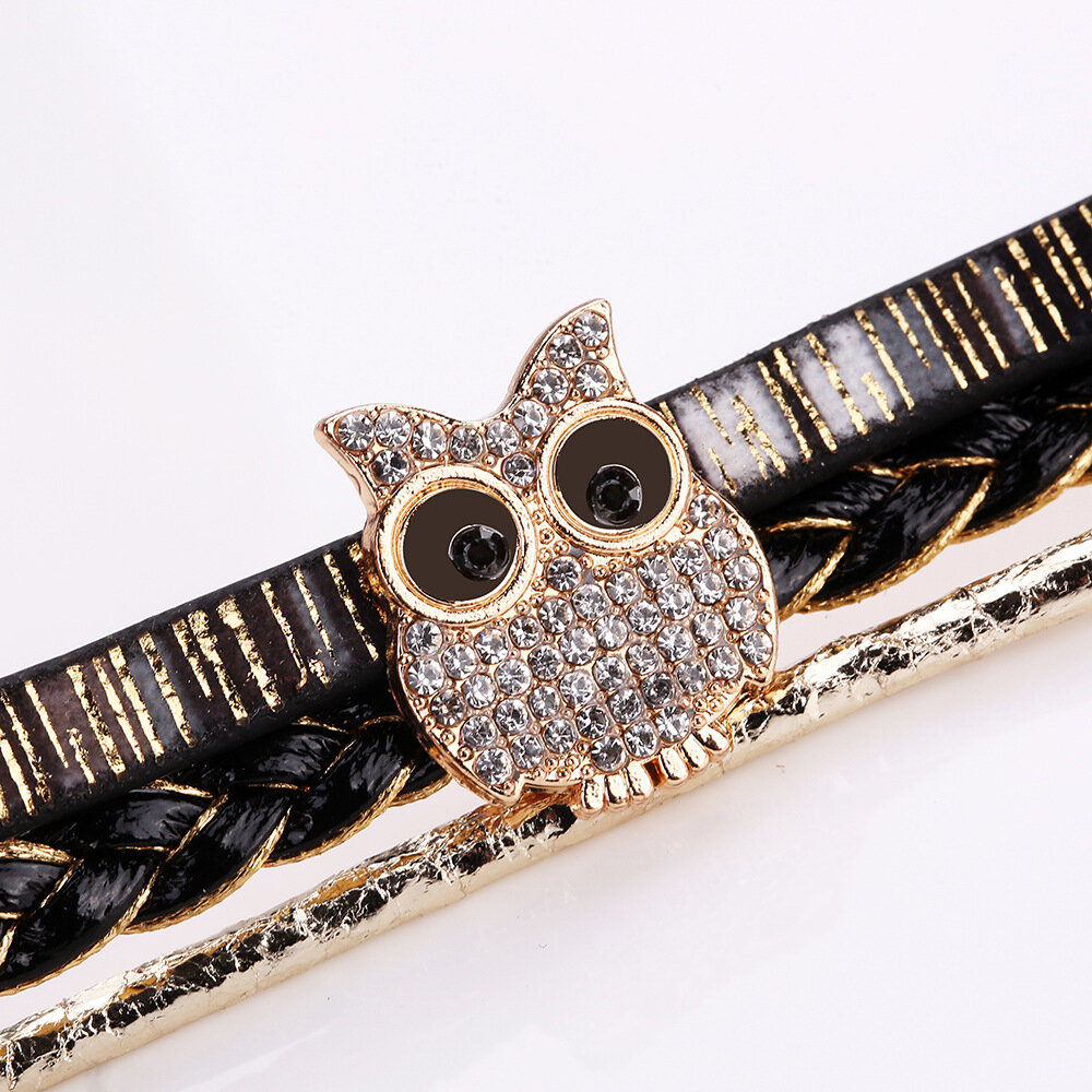 Fashion Quartz Wristwatch Multilayer Braid Leather Strap Owl Bracelet Watch for Women