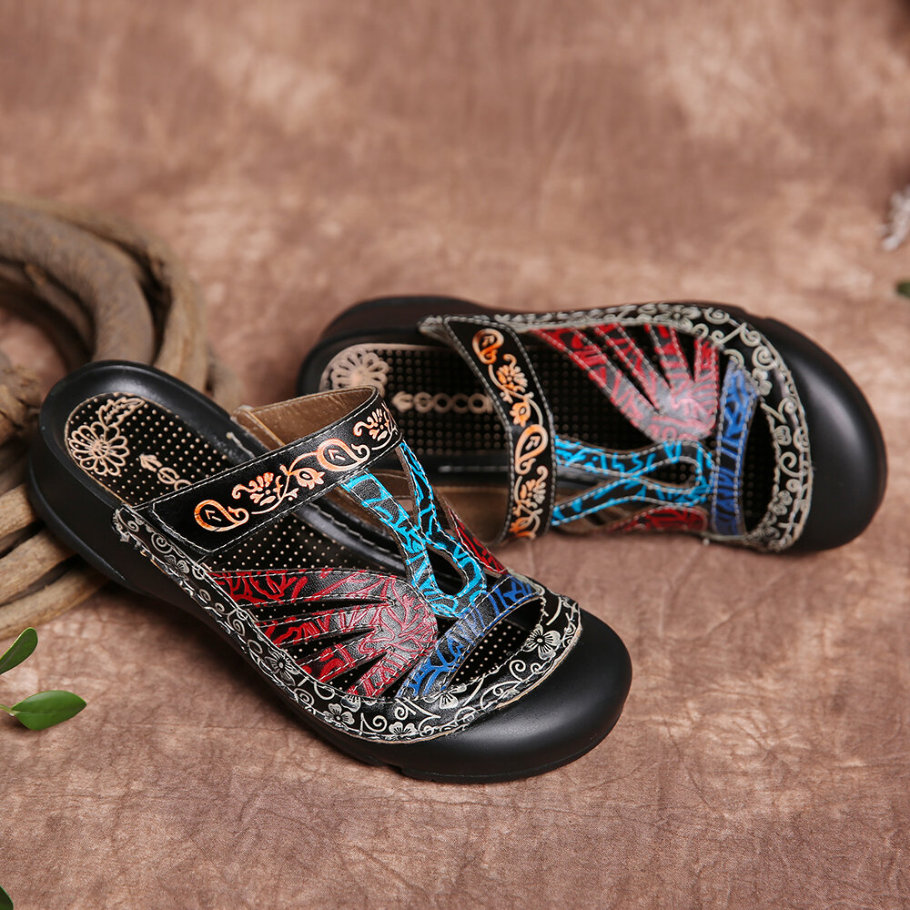 SOCOFY Vintage Leather Floral Cutout Adjustable Strap Slip on Mules Clogs Flat Slides Sandals