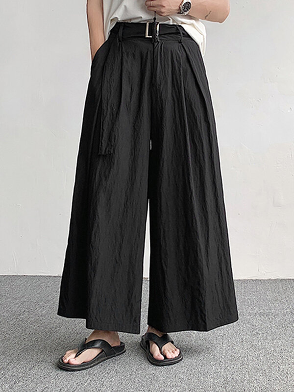Mens Solid Texture Casual Wide Leg Pants With Belt