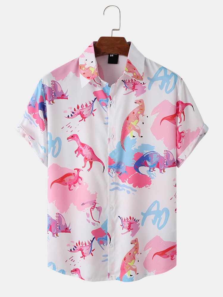 Mens Cartoon Dinosaur Print Button Up Short Sleeve Shirts