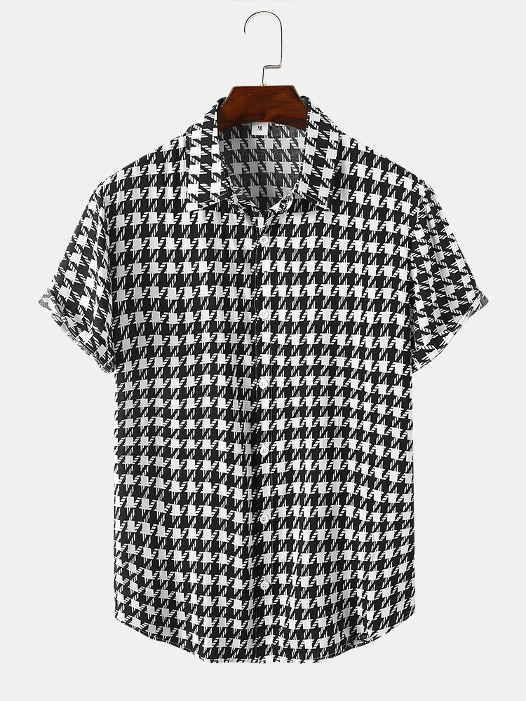 Mens Houndstooth Print Button Up Short Sleeve Casual Shirts