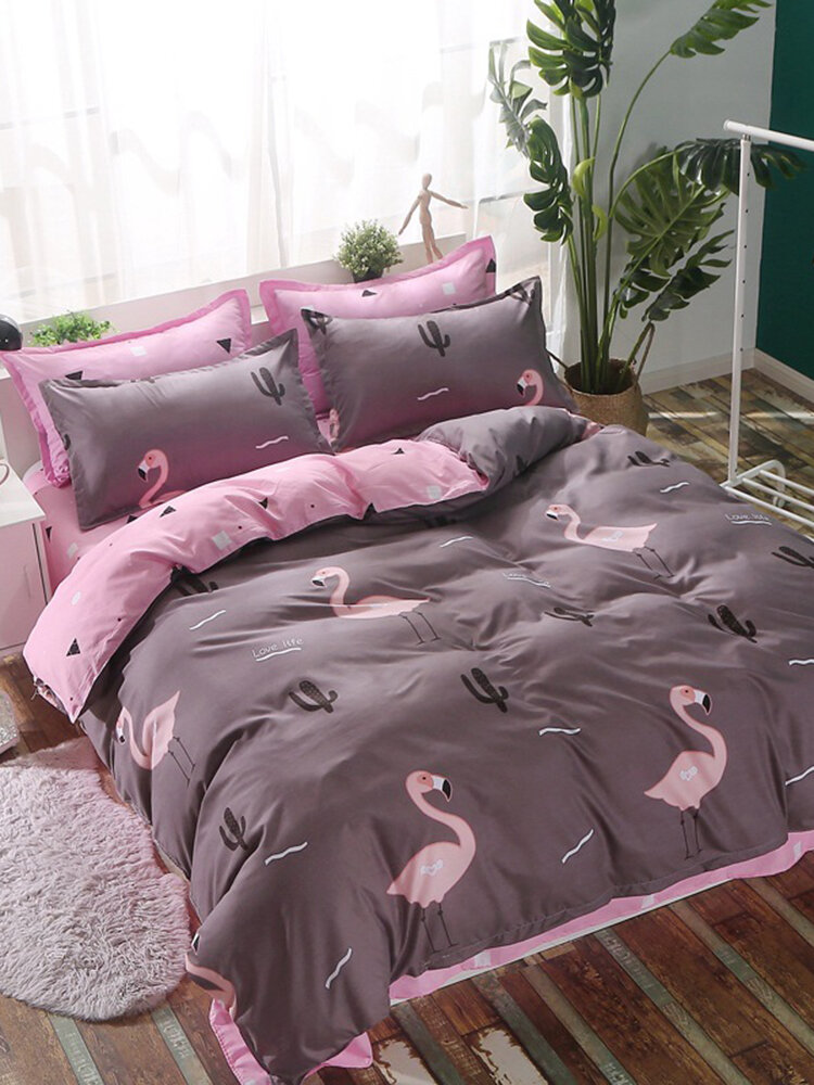 4Pcs Pink Flamingo Bedding Quilt Cover Pillowcase Comfortable Polyester Bedding Sets 3 Size