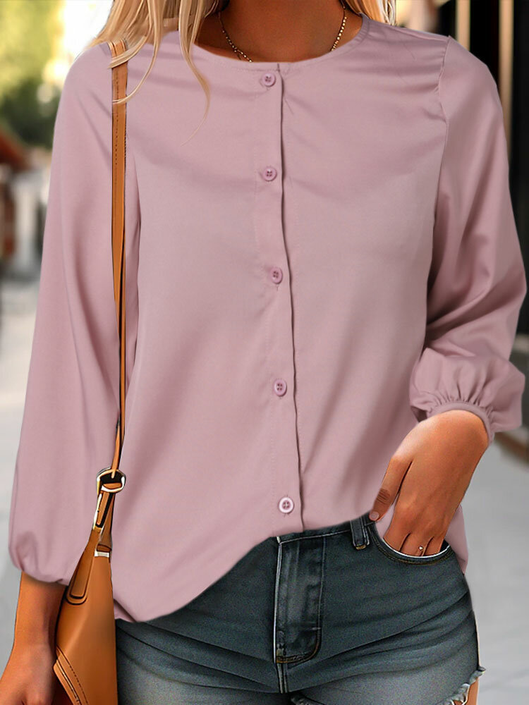 Women Solid Button Front Casual Long Sleeve Shirt