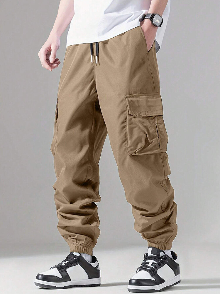 

Mens Pocket Drawstring Waist Solid Casual Loose Cargo Pants, Khaki