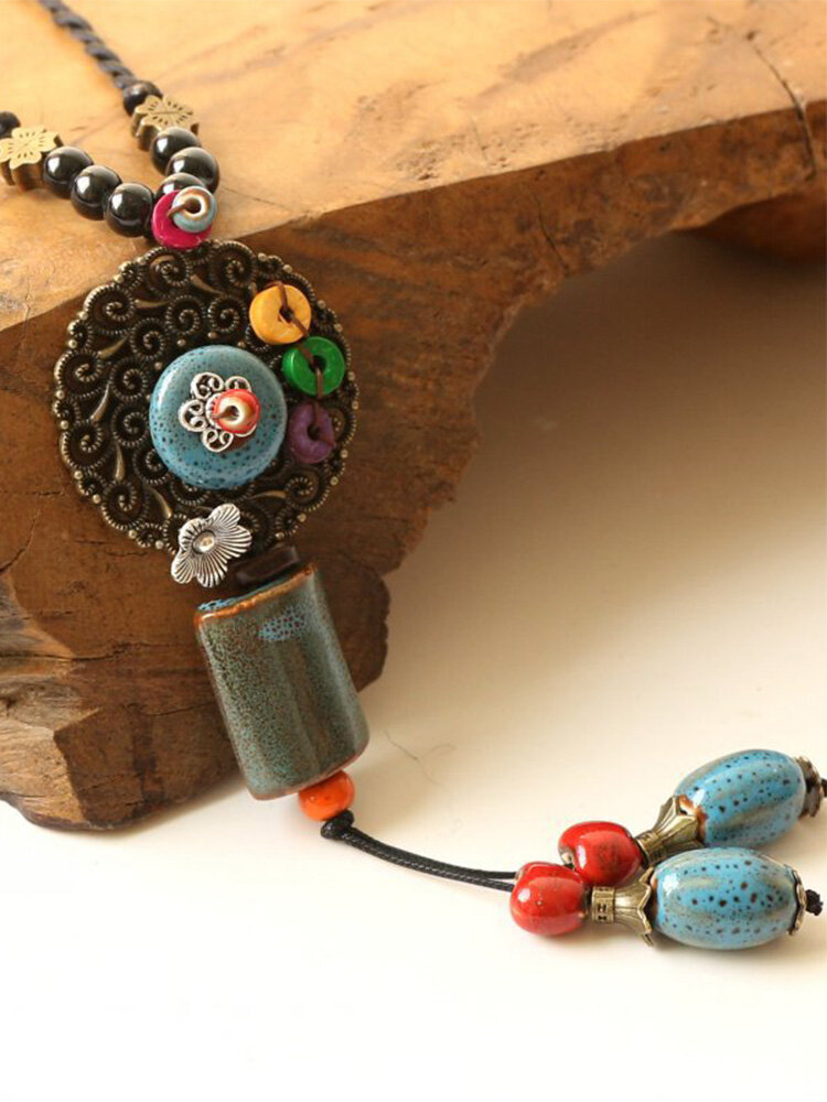 Vintage Ethnic Round Geometric Shape Hollow Out Ceramics Alloy Velvet Rope Long Sweater Necklace