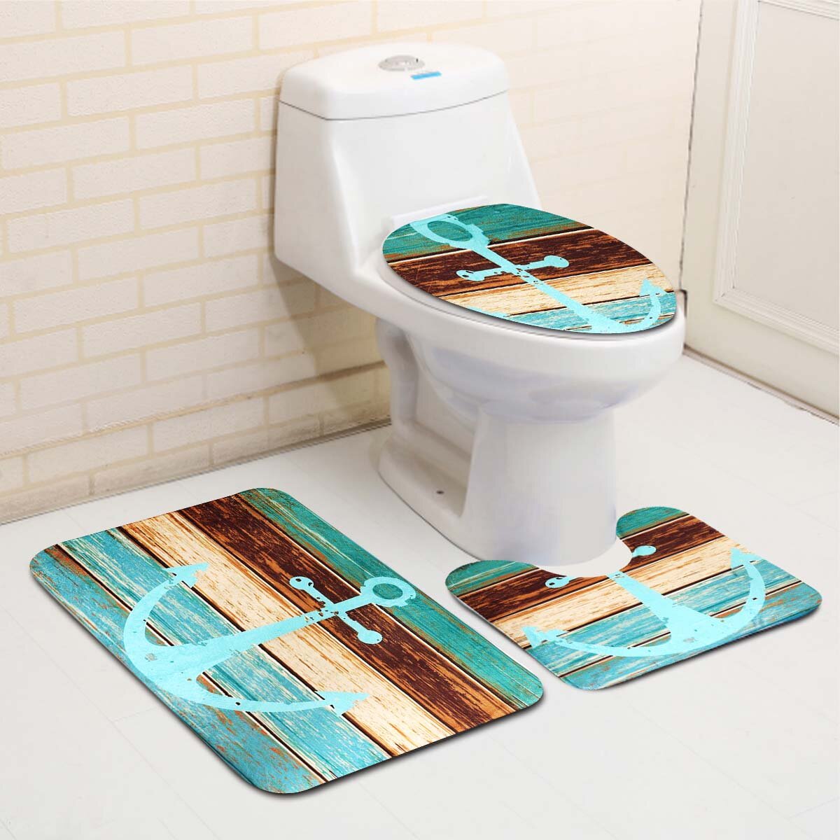 

Blue Rustic Wood Nautical Anchor Fabric Bathroom Set Pedestal Rug Toilet Seat Lid Cover Non-slip Rubber Floor Carpet
