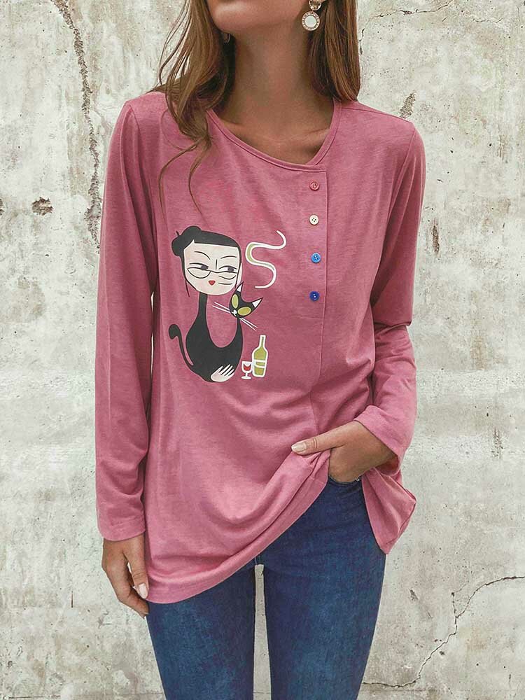 Button Cartoon Girl Print Long Sleeve Blouse For Women