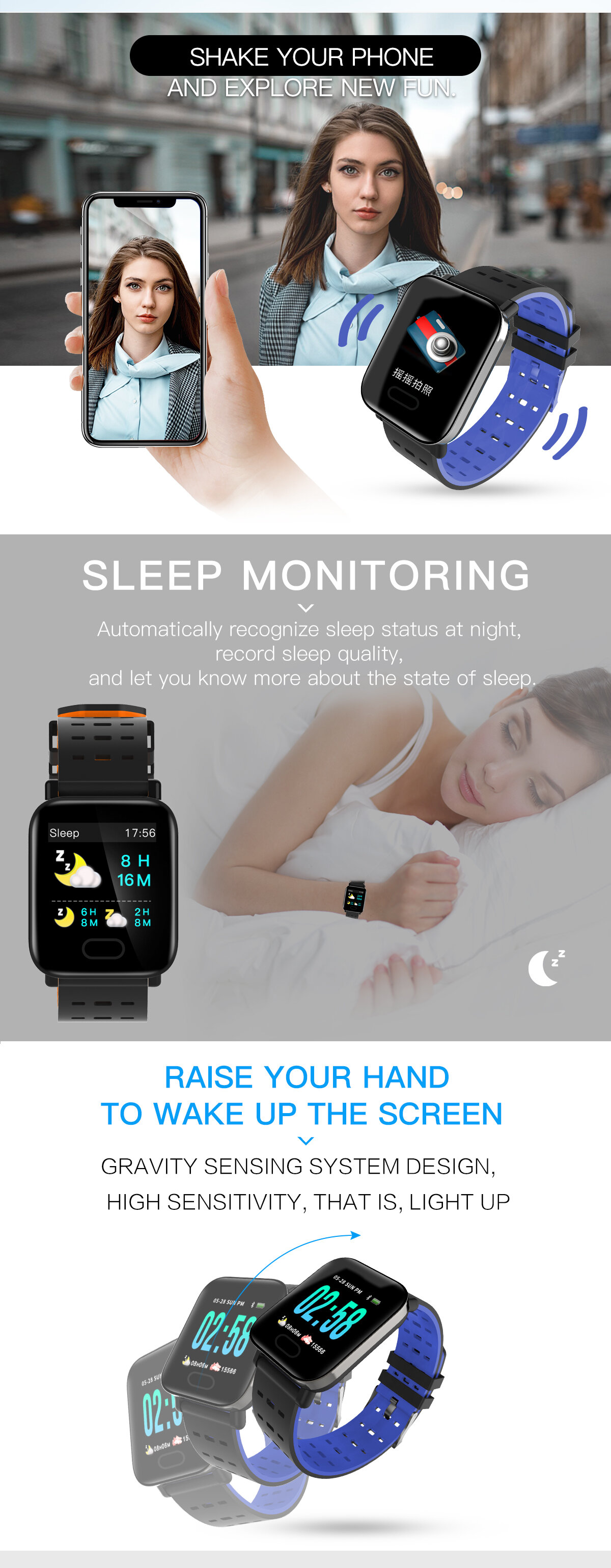 Activity Monitor Watch Sleep HR Blood Pressure Oxygen Monitor IP67 Waterproof Camera Smart Watch