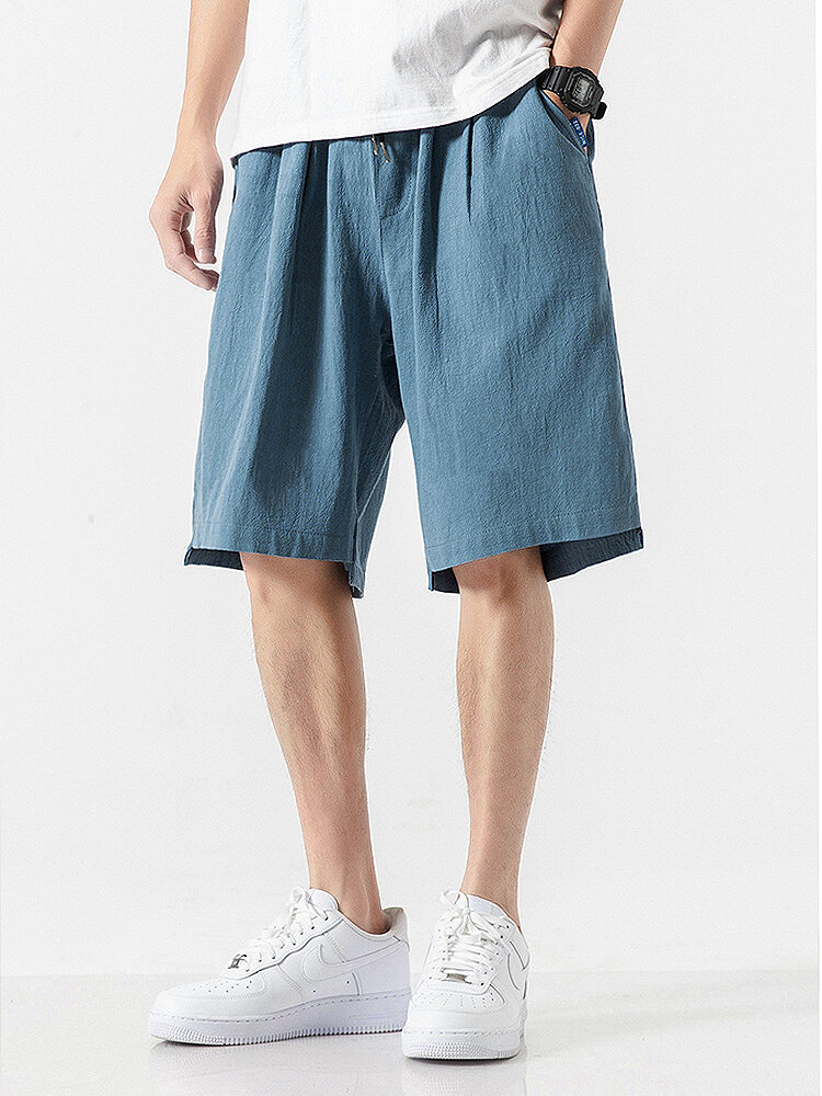 Men 100% Cotton Solid Color Drawstring Casual Shorts