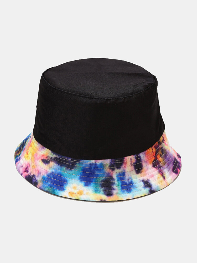 Unisex Cotton Solid Color Tie-dye Patchwork Double-sided Wearable Foldable Fashion Sunshade Bucket Hat