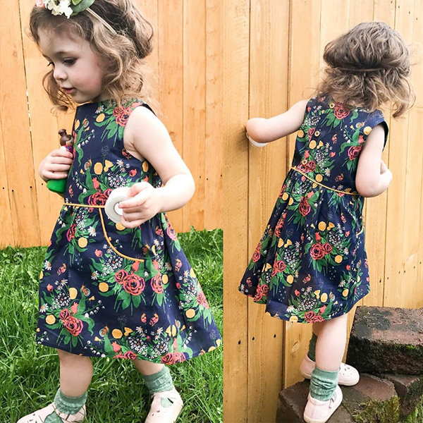 

Flower Animal Pattern Toddler Girls Sleeveless Party Princess Dress For 2Y-9Y, Navy blue
