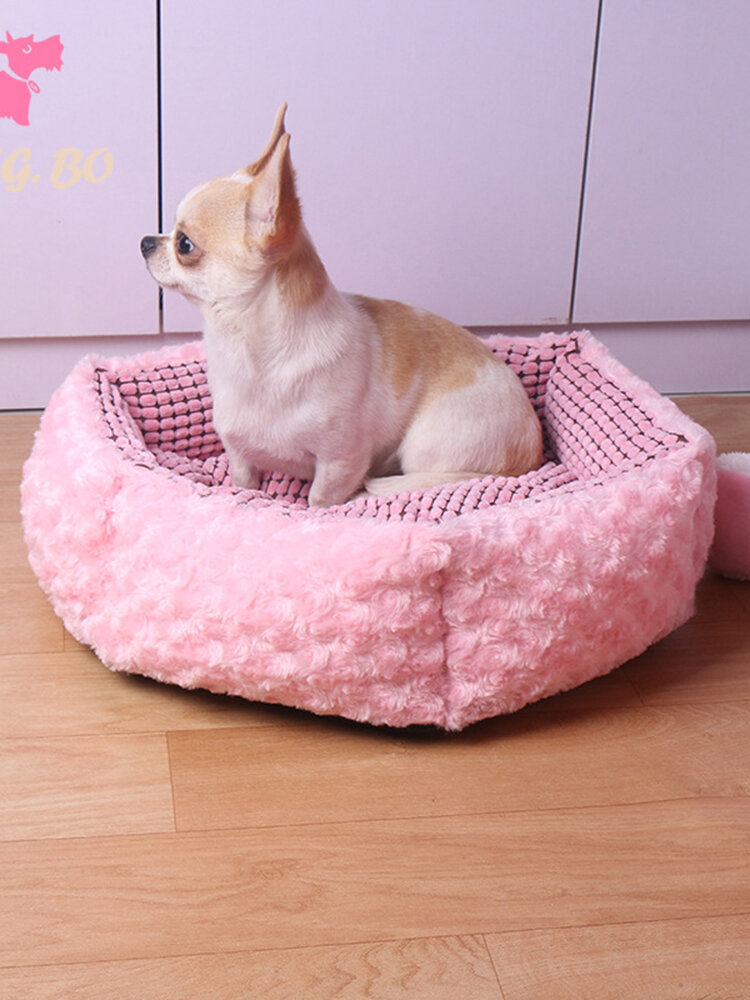Pink Rose Velvet Pet Sleeping Bed Kennel Dog Cat Winter Bed with Cushion Mat