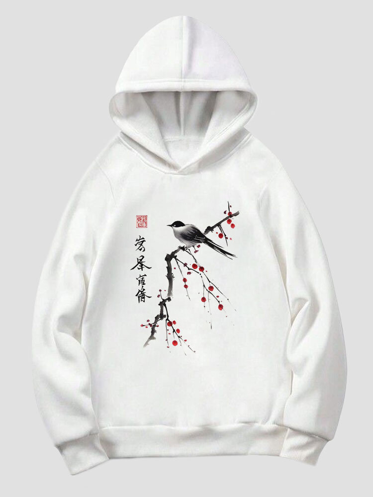 Mens Chinese Floral Bird Ink Painting Long Sleeve Hoodies Winter