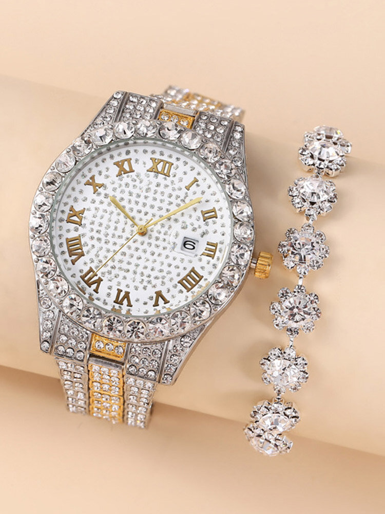 2 piezas / juego de diamantes de imitación de aleación Mujer Casual Watch Pulsera decorada de cuarzo con puntero Watch