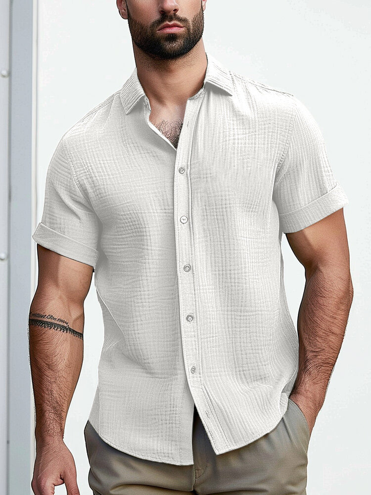 Camisas de manga corta con cuello de solapa informales sólidas para hombre