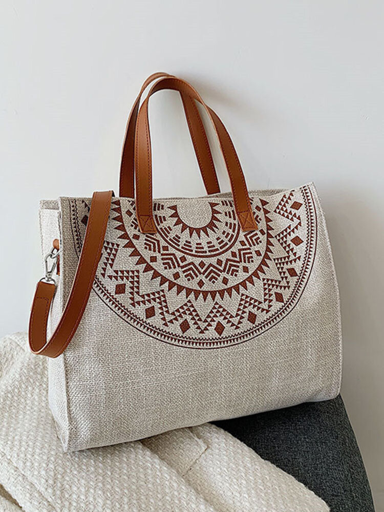 Ethnic Style Canvas Large Capacity Tote Natural Cotton Linen Crossbody Bag Multi-carry Handbag Shoulder Bag