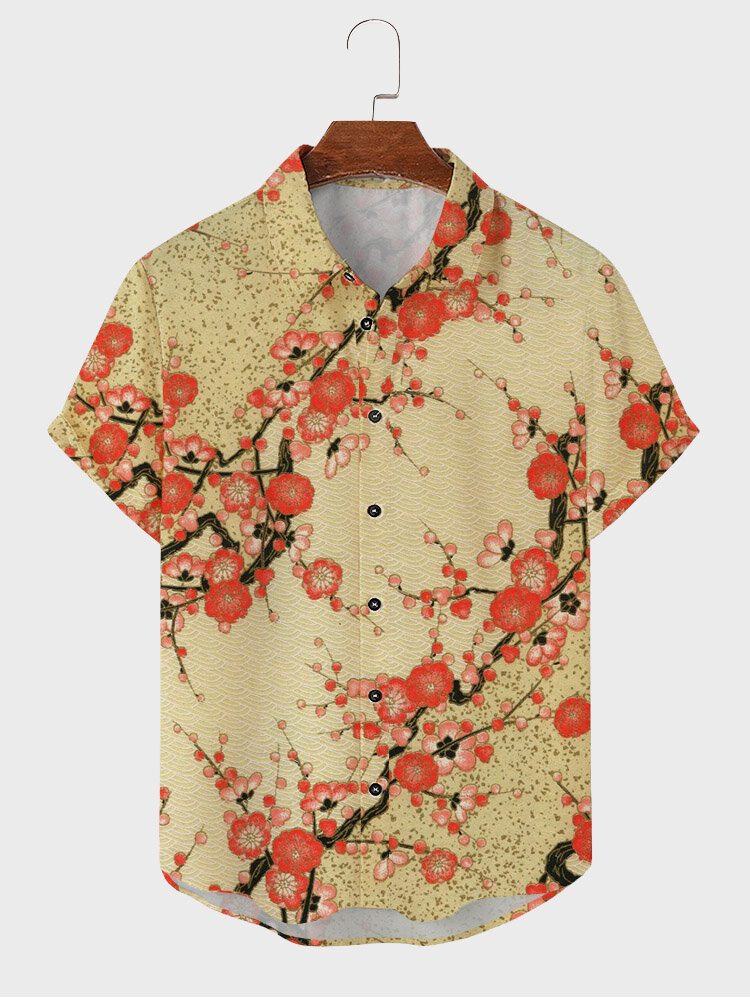 

Mens Japanese Cherry Blossom Print Lapel Short Sleeve Shirts, Apricot